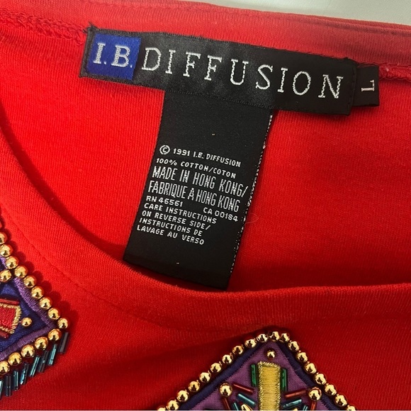 Vintage IB DIFFUSION Artsy Red Large Women Scoop Neck Blouse Embellished Cotton - Picture 6 of 10